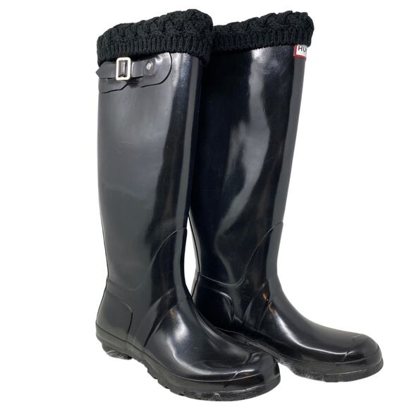Hunter Original Black Rain Snow Water High Gloss Boots w/ Socks 8M - Picture 2 of 7